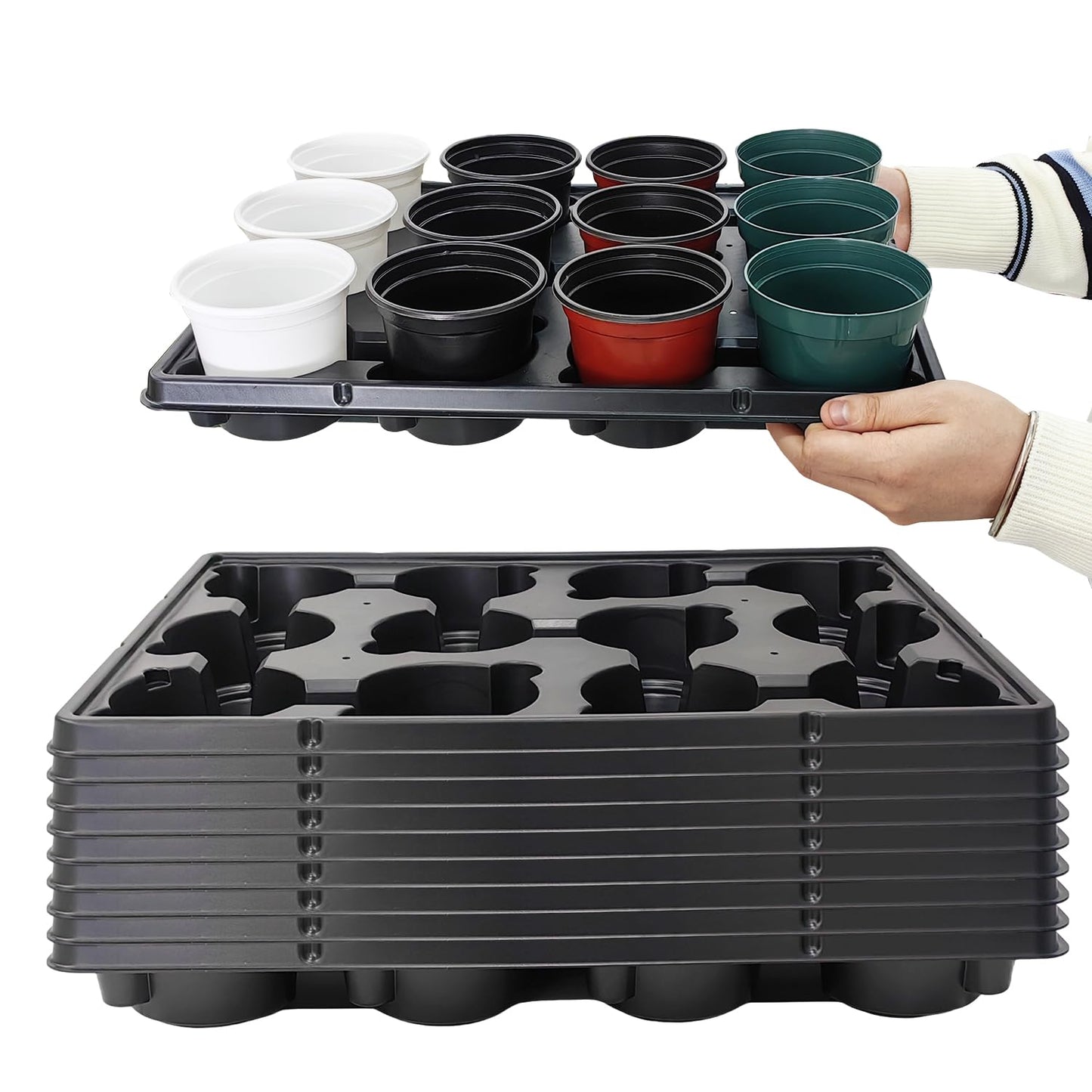 12 Cell Round Nursery Pots Trays Thickened Durable Seedling Pots Shuttle Carrying Trays for Holding 4 inch Nursery Pots (16.85" × 12.6", 10-Pack)