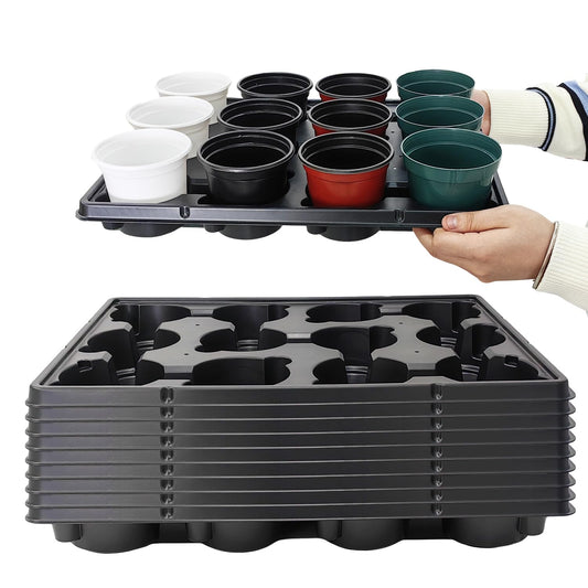 12 Cell Round Nursery Pots Trays Thickened Durable Seedling Pots Shuttle Carrying Trays for Holding 4 inch Nursery Pots (16.85" × 12.6", 10-Pack)