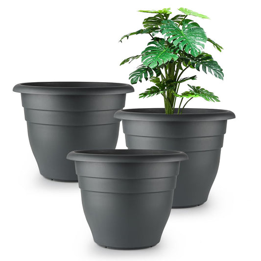 12 Inch Plant Pots, Large Planters for Outdoor Plants, Plastic Flower Pots - Durable and Lightweight with Drainage Holes (3 Packs, Gray)