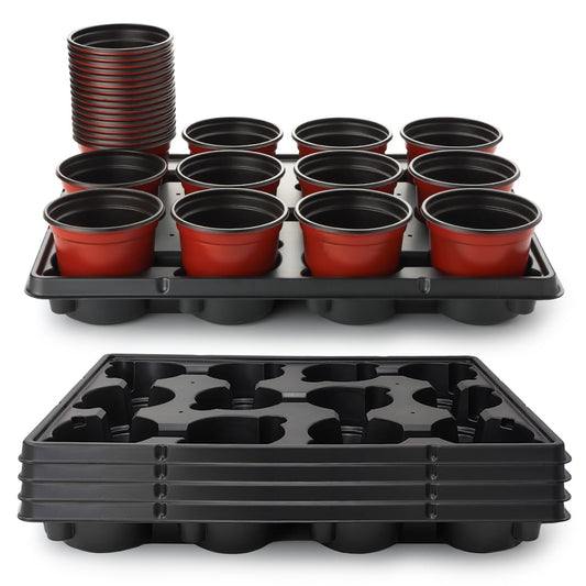 4 inch Round Nursery Pots 60pcs, 12 Cell Nursery Pots Trays 5 Pcs, Sturdy Seeds Starting Germination Shuttle Carrying Trays, Small Planter Nursery Propagation 5 Sets