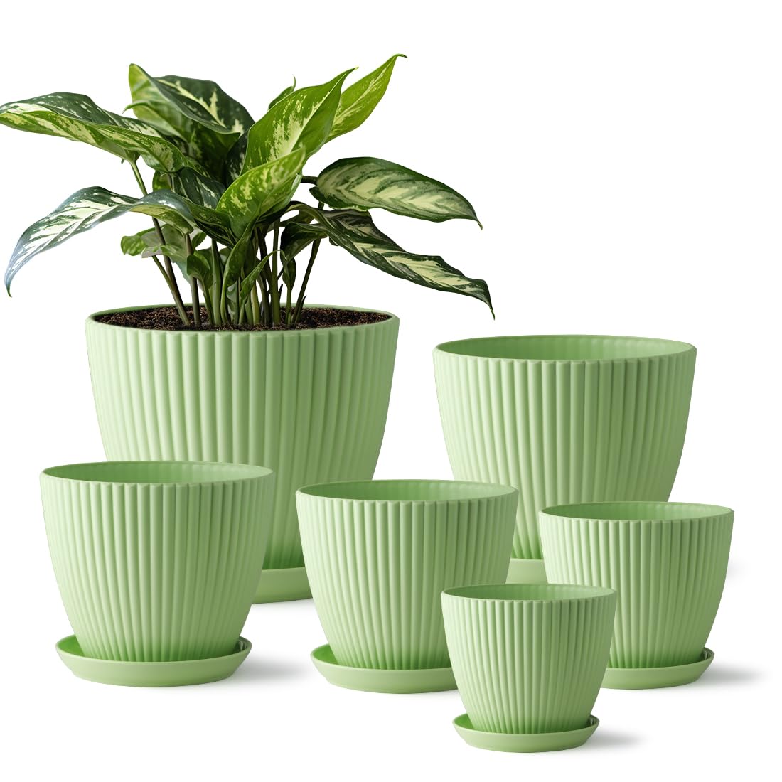Indoor Planters with Drainage Holes and Saucers, 7.5/6.5/5.5/4.9/4.2/3.5 Inch Plant Pots, 6 Pack Plastic Flower Pots for Indoor Plants Such as Succulents and Herbs, Green