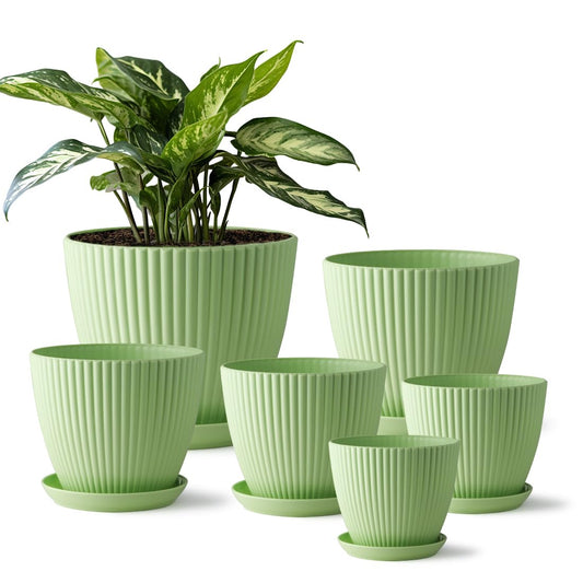 Indoor Planters with Drainage Holes and Saucers, 7.5/6.5/5.5/4.9/4.2/3.5 Inch Plant Pots, 6 Pack Plastic Flower Pots for Indoor Plants Such as Succulents and Herbs, Green