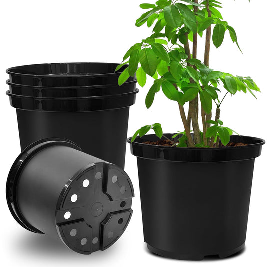 5 Gallon 12 Inch Plastic Nursery Pots, Plant Containers with Drainage Holes, Round Sturdy Garden Planters for Indoor/Outdoor Greenery, Gardening Gifts for Women (5-Pack, Black)