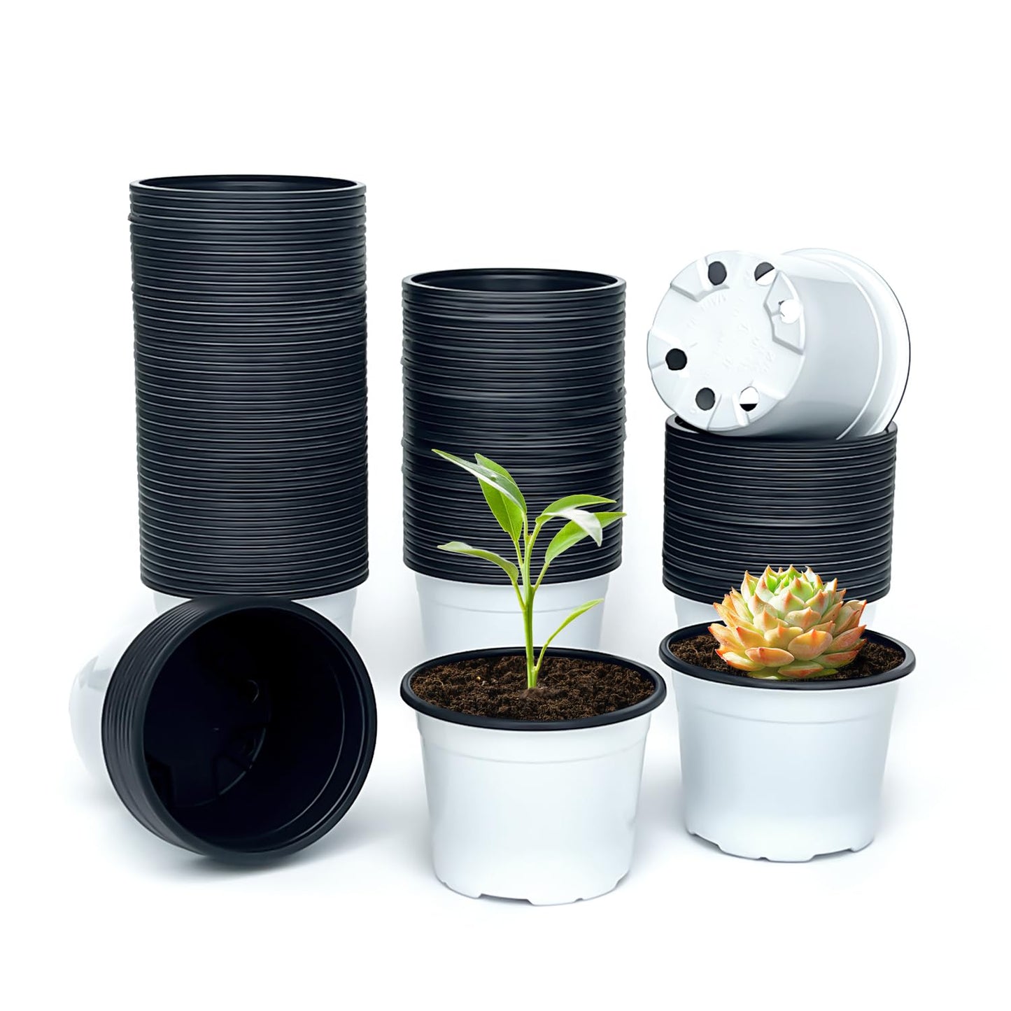 Nursery Pots, 100 Pack 2.8 inch Plastic Plant Pots, Small Flower Pots for Succulents, Seedlings, Flowers, Transplanting（White）