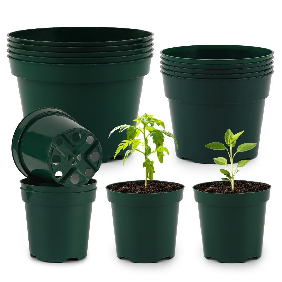 15 Pack 4/6/8 Inch Plant Nursery Pots, Thickened Plastic Pots for Plants with Drainage Holes, Sturdy Seedling Pots, Seed Starting Pot, Flower Pots for Indoor Outdoor Plants, Green