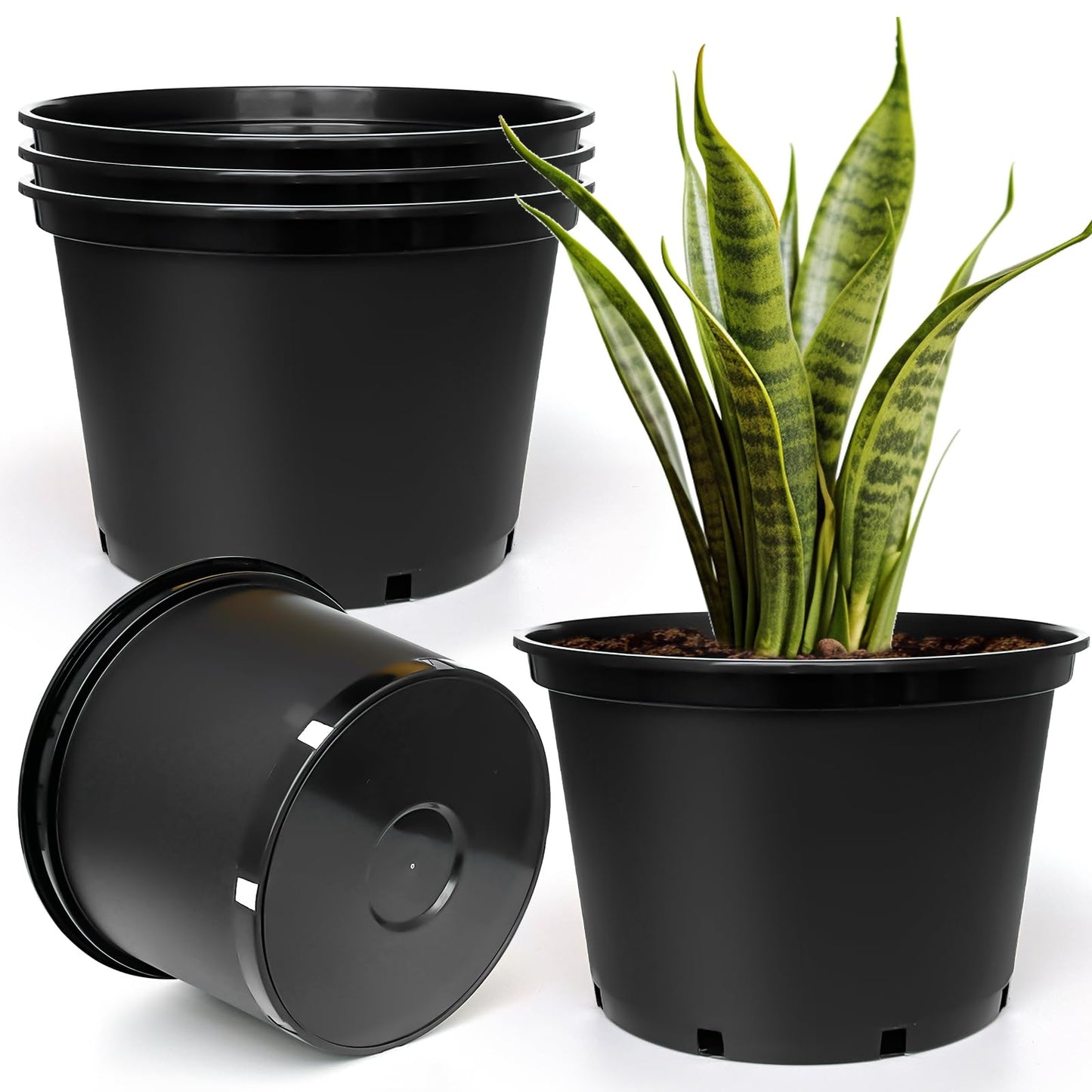 7 Gallon Plastic Nursery Pots, 15 Inch Large Plastic Pots for Plants, Round Plant Pots with Drainage Holes, Flower Pots for Outdoor Indoor Plants, Gardening Gifts for Women (5-Pack, Black)