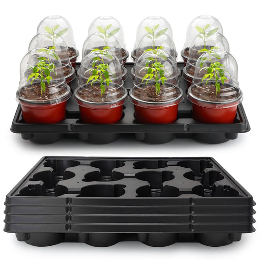 4 Inch 60 Pack Nursery Pots with Humidity Domes & 5 Pack 12 Cell Round Seedling Pot Carrying Trays, Sturdy Seeds Starter Pot Germination Set, Small Planter Nursery Propagation 5 Sets