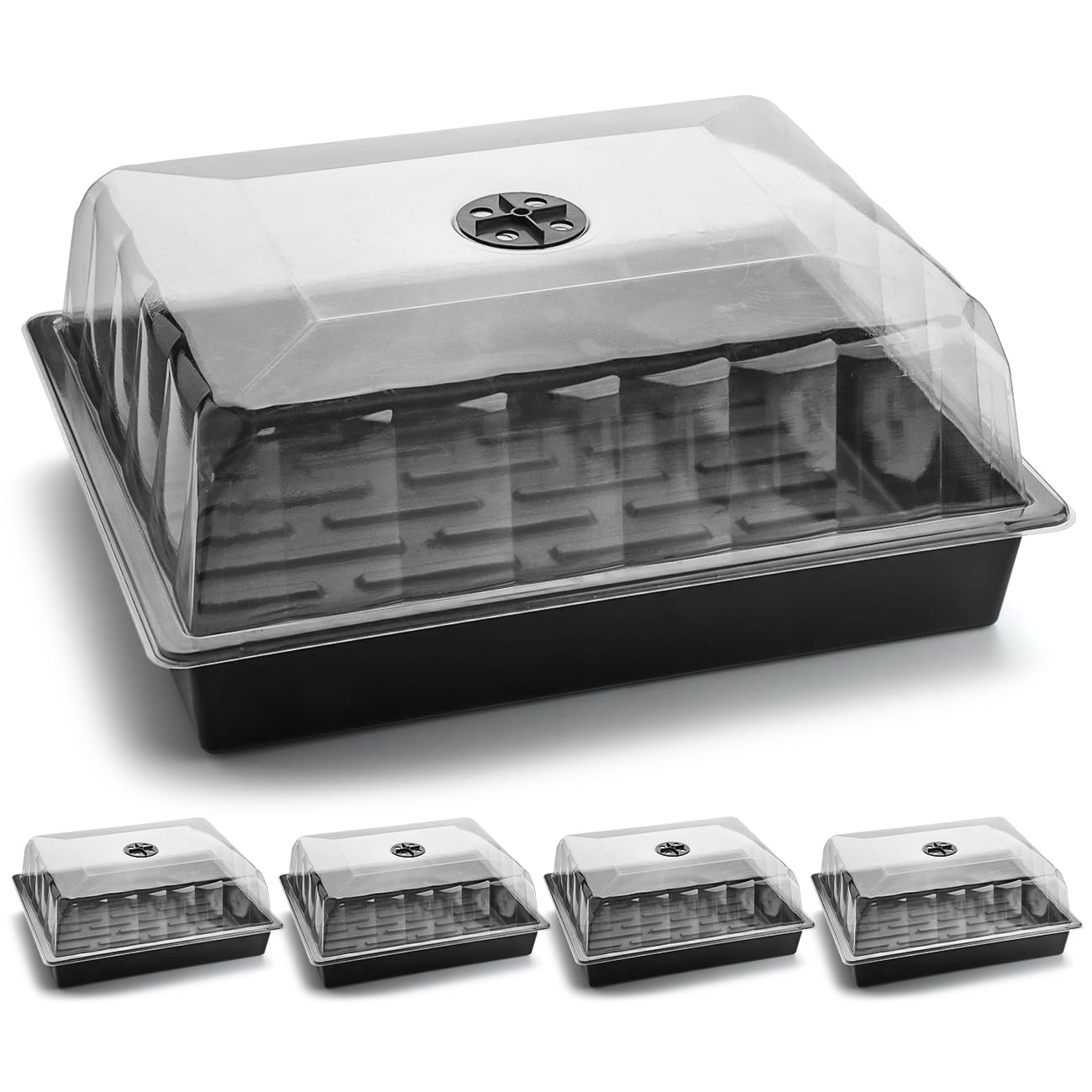 Leak-Proof Seed Starter Trays with 4" Humidity Dome & Drip Tray - 5-Pack Heavy-Duty Plastic Propagation Kit for Herbs, Microgreens, Indoor Gardening, Durable Reusable Plant Growing Trays