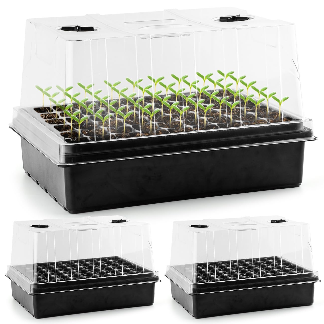 Heavy Duty Seed Starter Trays with 5'' Tall Humidity Domes & 2.75'' Deep Cells – 3-Pack (162 Cells Total) Reusable Plant Germination Kit, Durable Plastic Seedling Trays for Herbs, Vegetables