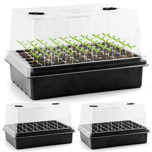 Heavy Duty Seed Starter Trays with 5'' Tall Humidity Domes & 2.75'' Deep Cells – 3-Pack (162 Cells Total) Reusable Plant Germination Kit, Durable Plastic Seedling Trays for Herbs, Vegetables