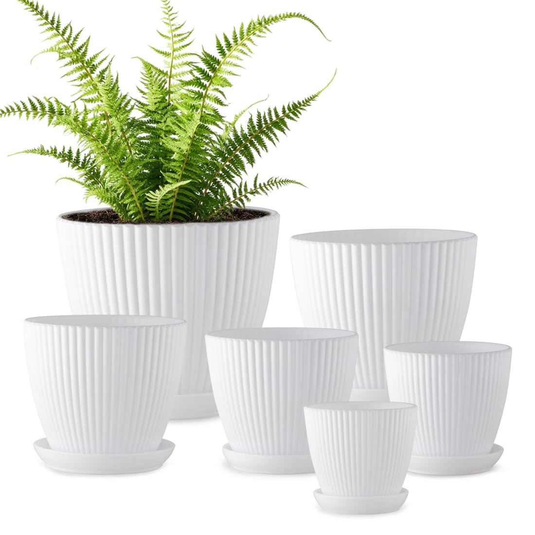 7.5/6.5/5.5/4.9/4.2/3.5 Inch Plant Pots with Saucers & Drain Holes - Indoor/Outdoor Flower Pots for Succulents, Herbs, Cactus - Modern Lightweight Durable Planter Set, White