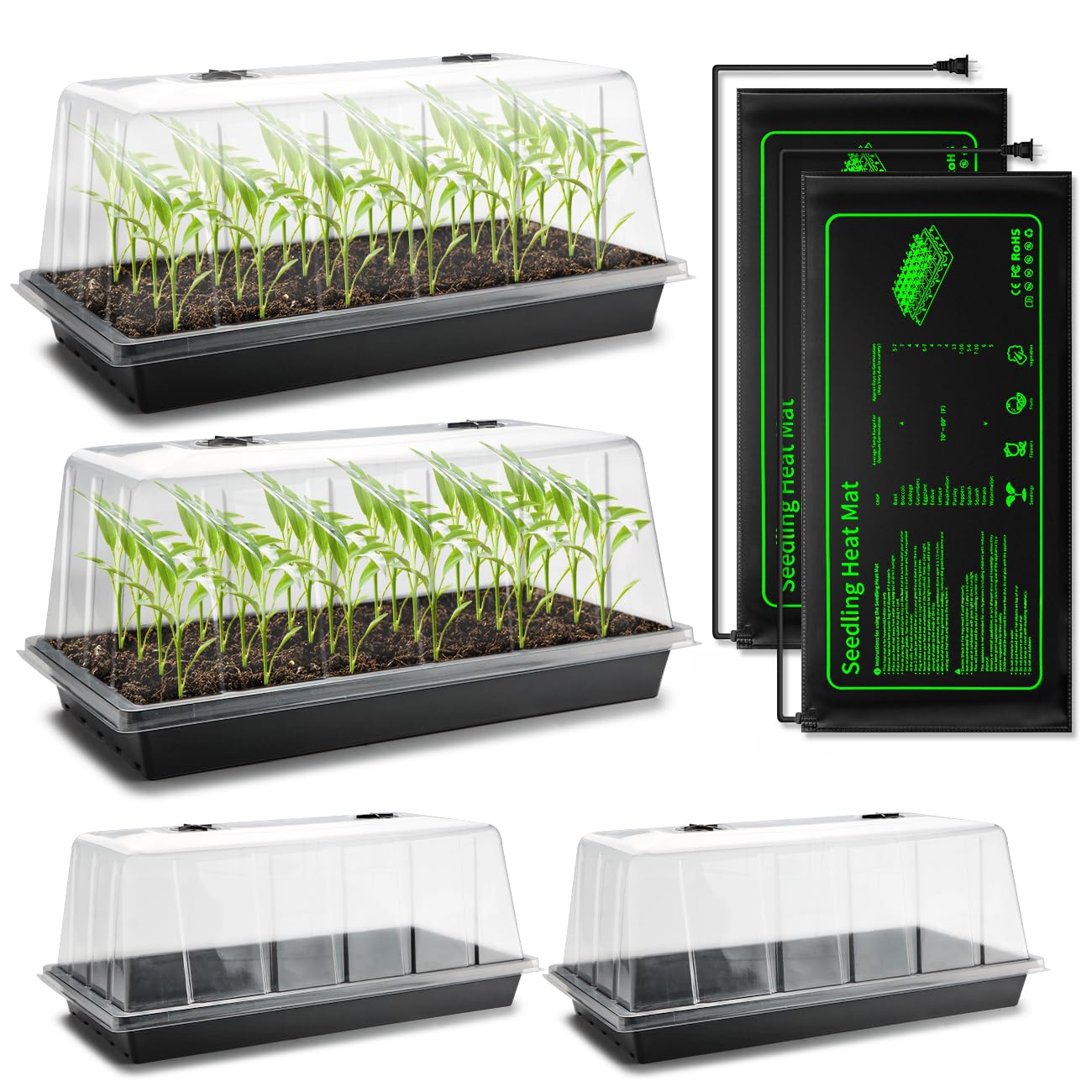 4-Pack 1020 Seed Starter Trays with 7.3'' Humidity Domes & 2-Pack Heat Mats – Heavy-Duty Seedling Trays with Adjustable Domes & Waterproof Heating Mats for Optimal Germination & Cloning Propagation