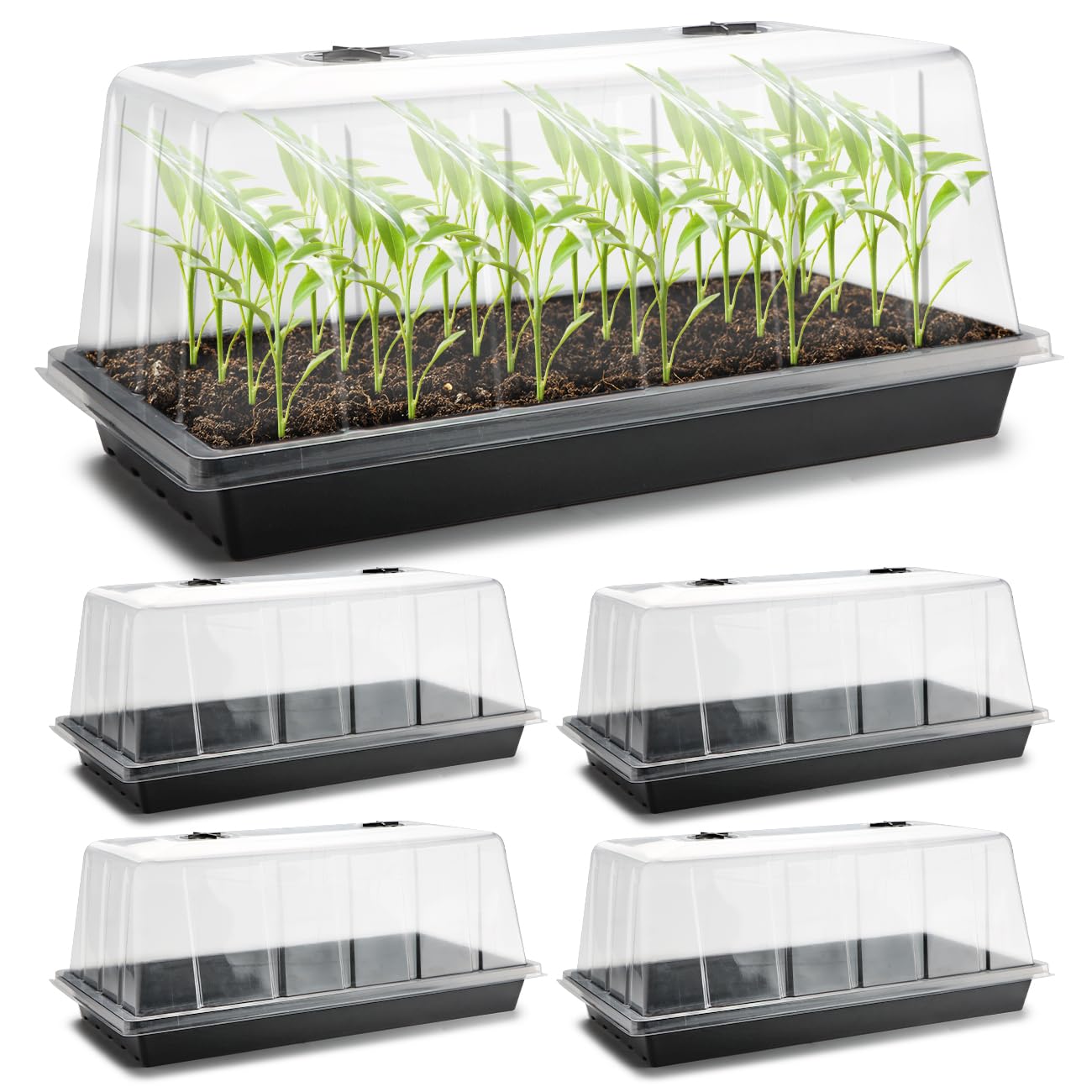 1020 Plant Tray with Tall 7.3'' Dome, 5set Extra Large Seed Starter Tray with Humidity Domes, Heavy Duty 1020 Trays and Flats with Lid, Seed Germination Mini Greenhouse No Hole for Balcony Garden