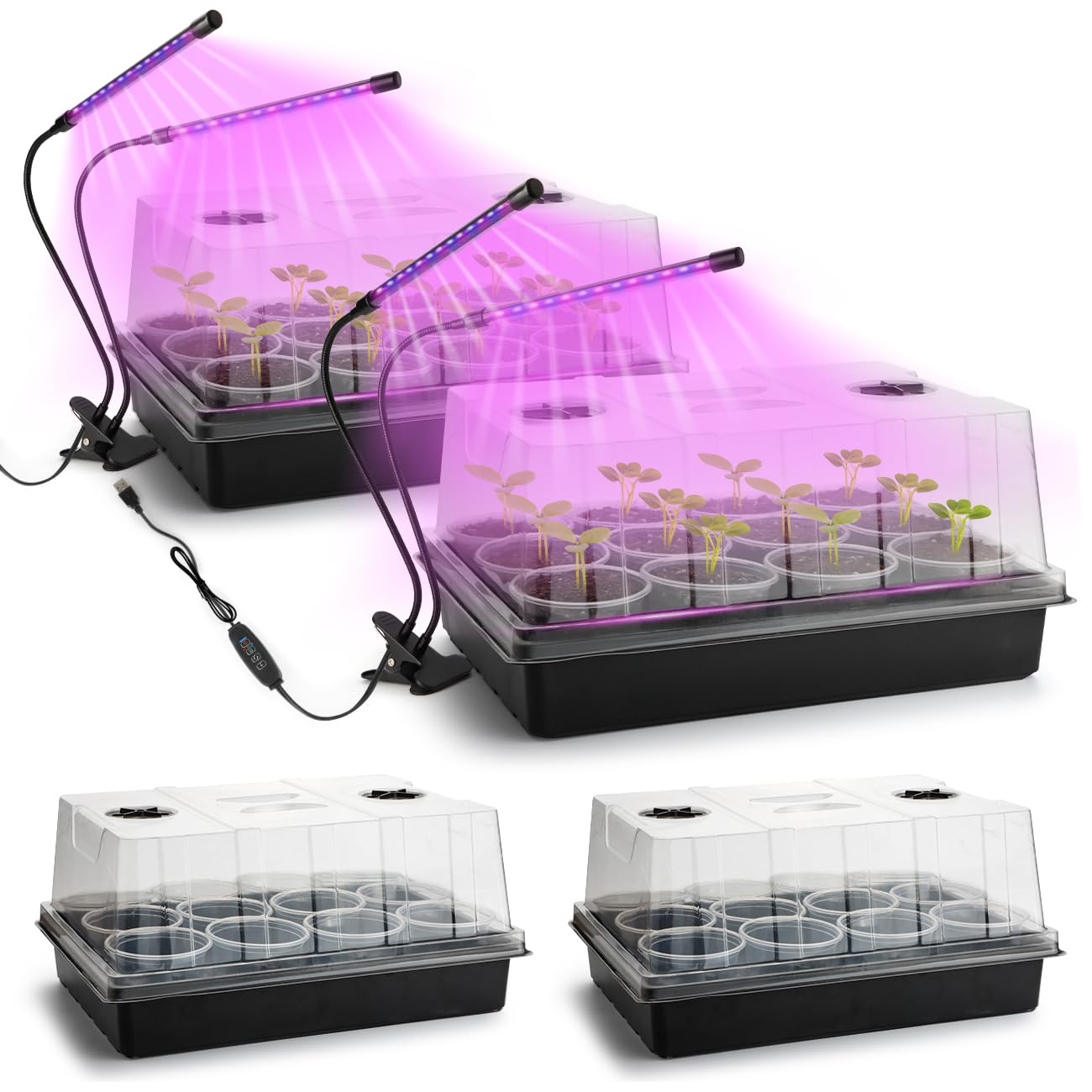 50pcs 3.5" Clear Nursery Pots with 4 Trays and 2 Adjustable LED Grow Lights – Complete Seed Starter Kit with 5" Tall Humidity Dome for Seed Germination, Seedling Planting Propagation, Indoor Gardening