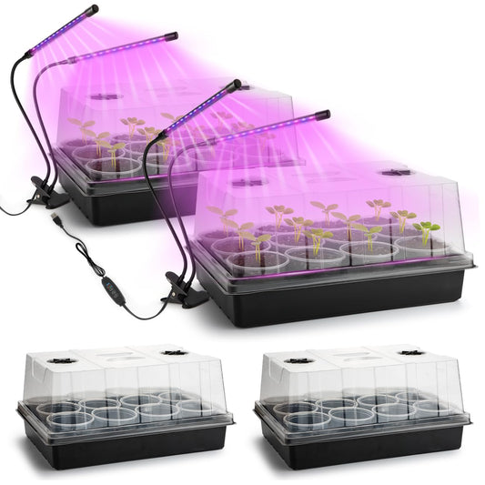 50pcs 3.5" Clear Nursery Pots with 4 Trays and 2 Adjustable LED Grow Lights – Complete Seed Starter Kit with 5" Tall Humidity Dome for Seed Germination, Seedling Planting Propagation, Indoor Gardening