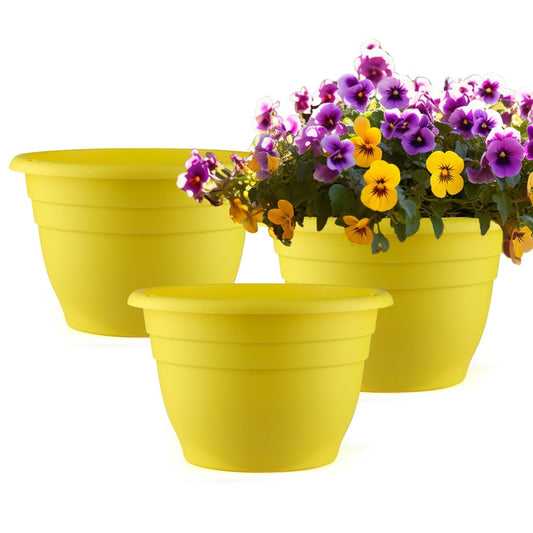 3 Pack 11 Inch Plant Pots with Drainage Hole and Plug, Durable Plastic Flower Pots for Indoor & Outdoor Plants, Elegant Mordern Plant Pots Perfect for Herbs, Flowers & Succulents, Yellow