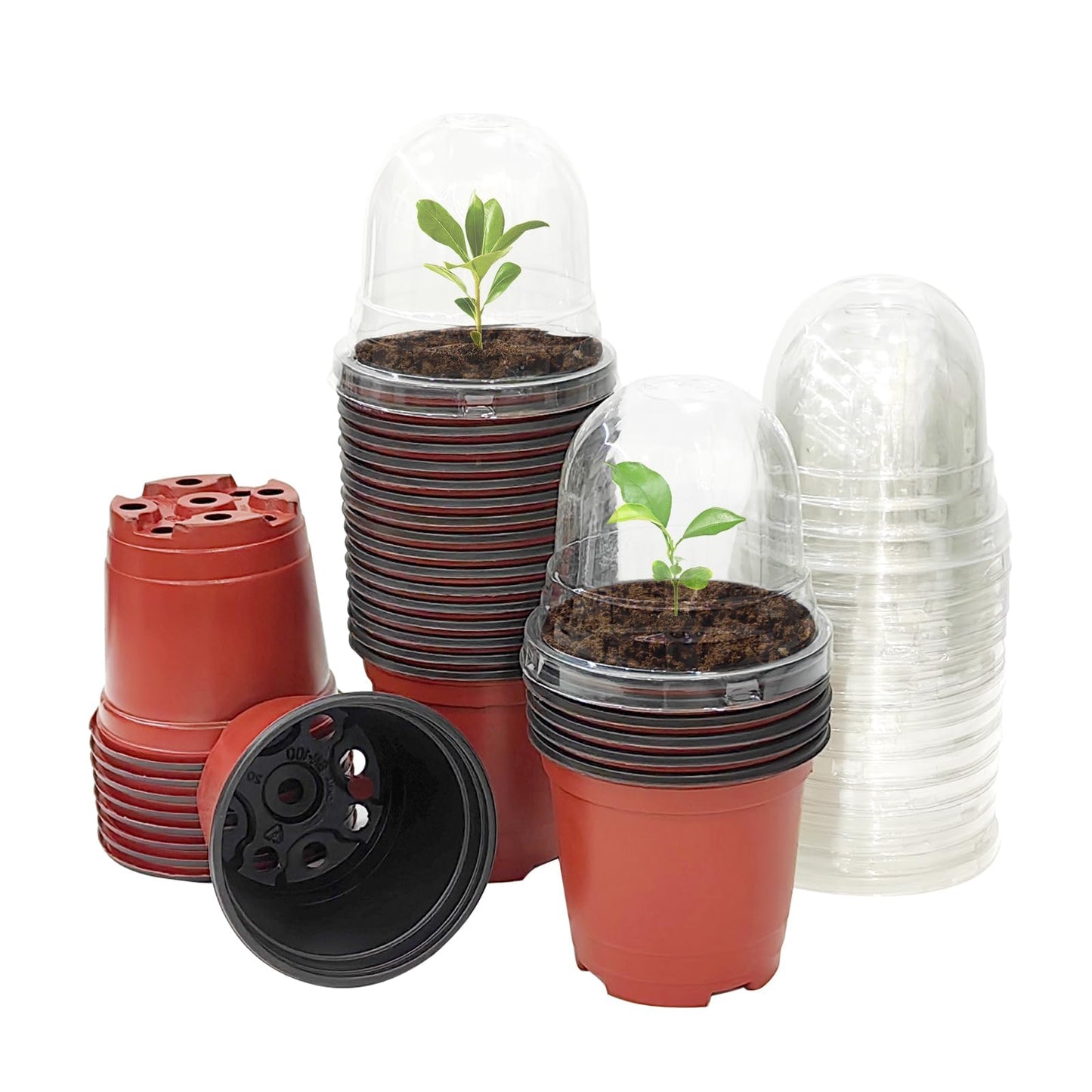 Plant Nursery Pots with Humidity Domes, 50 Sets 4 Inch Soft Nursery Pots Quality Ones (50 Red Pots + 50 Clear Lids), Quality Seeds Starting with Cover