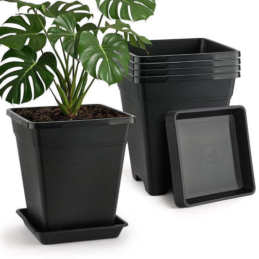 BTPLASTIK Plant Pots 10 Inch Set of 5, Large Square Plastic Planter with Drainage & Saucer, 5 Gallon Thick Outdoor Garden Pots Container for Outdoor Indoor, Flower Pots Planters