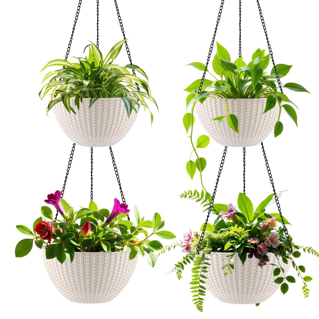 Hanging Planters for Indoor Outdoor Plants 8/10 Inch, 4 Packs Plant Hanger with Drainage Holes, Hanging Basket Flower Pot Perfect for Home, Office and Garden,White