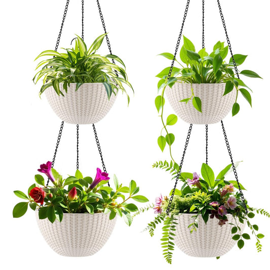 Hanging Planters for Indoor Outdoor Plants 8/10 Inch, 4 Packs Plant Hanger with Drainage Holes, Hanging Basket Flower Pot Perfect for Home, Office and Garden,White