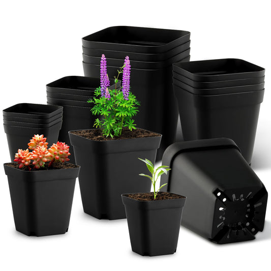 Square Nursery Pots (2.7", 3", 3.5", 4") with Drainage Holes 20 Pcs, Plastic Seed Starting Pots, Sturdy and Durable Seedling Pots for Planting, Cuttings and Transplanting, Black