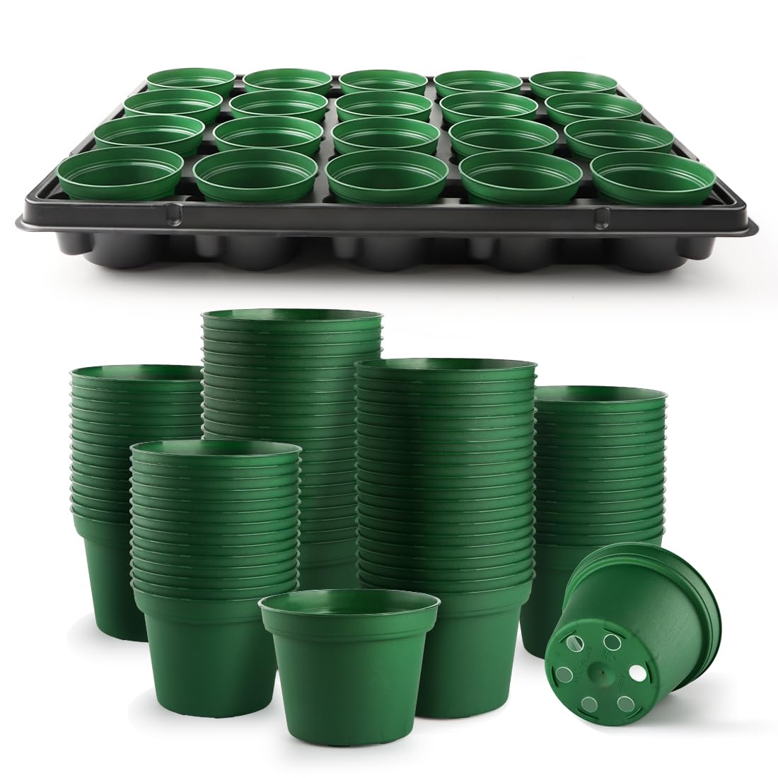 3 Inch Nursery Pots 100 Pcs with 5 Pcs 20 Cell Nursery Pot Trays, 5 Sets Seed Starting Kit for Seedlings, Propagation and Home Gardening, Sturdy Green Seeds Starter Pot Tray Germination Set