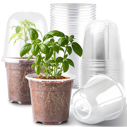 6 Inch Clear Nursery Pots with Humidity Dome, 15 Pack Durable Seed Starting Pot with Drainage Holes, Transparent Plastic Plant Seedling Pots for Indoor Gardening Plants