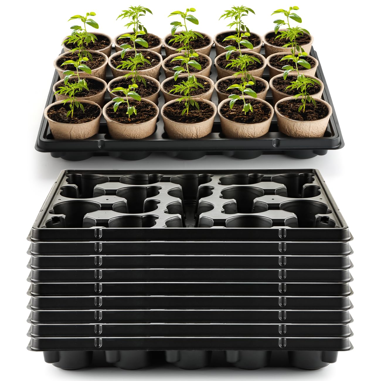 20 Cell Plant Trays for Carrying 3 inch Round Nursery Pots, Sturdy Plastic Trays Suitable for Holding 200 pcs Peat Pots (10 Packs)
