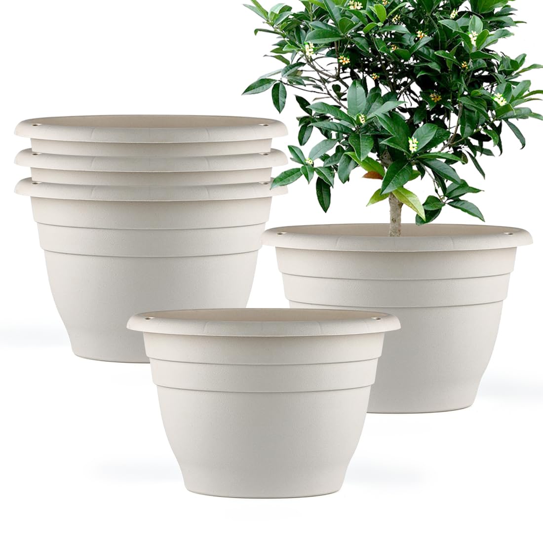 Plant Pots Set of 5, 10" Outside Diameter Flower Pots, 8.5" Inner Diameter Plant Planters with Drainage Hole, Durable Garden Pots Perfect for Indoor & Outdoor Plant Planting, Decor, White