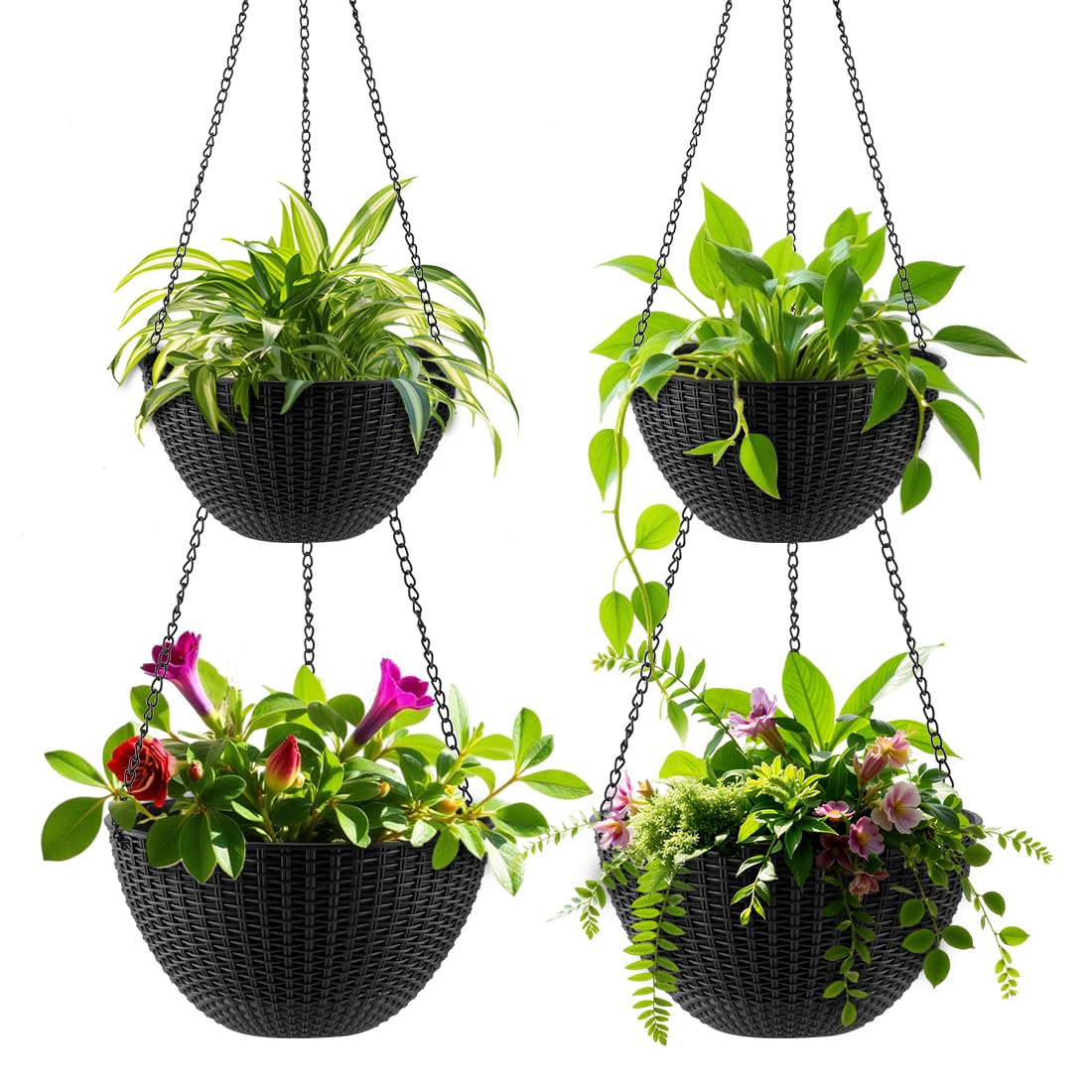 Hanging Planters for Indoor Outdoor Plants 8/10 Inch, 4 Packs Plant Hanger with Drainage Holes, Hanging Basket Flower Pot Perfect for Home, Office and Garden, Black