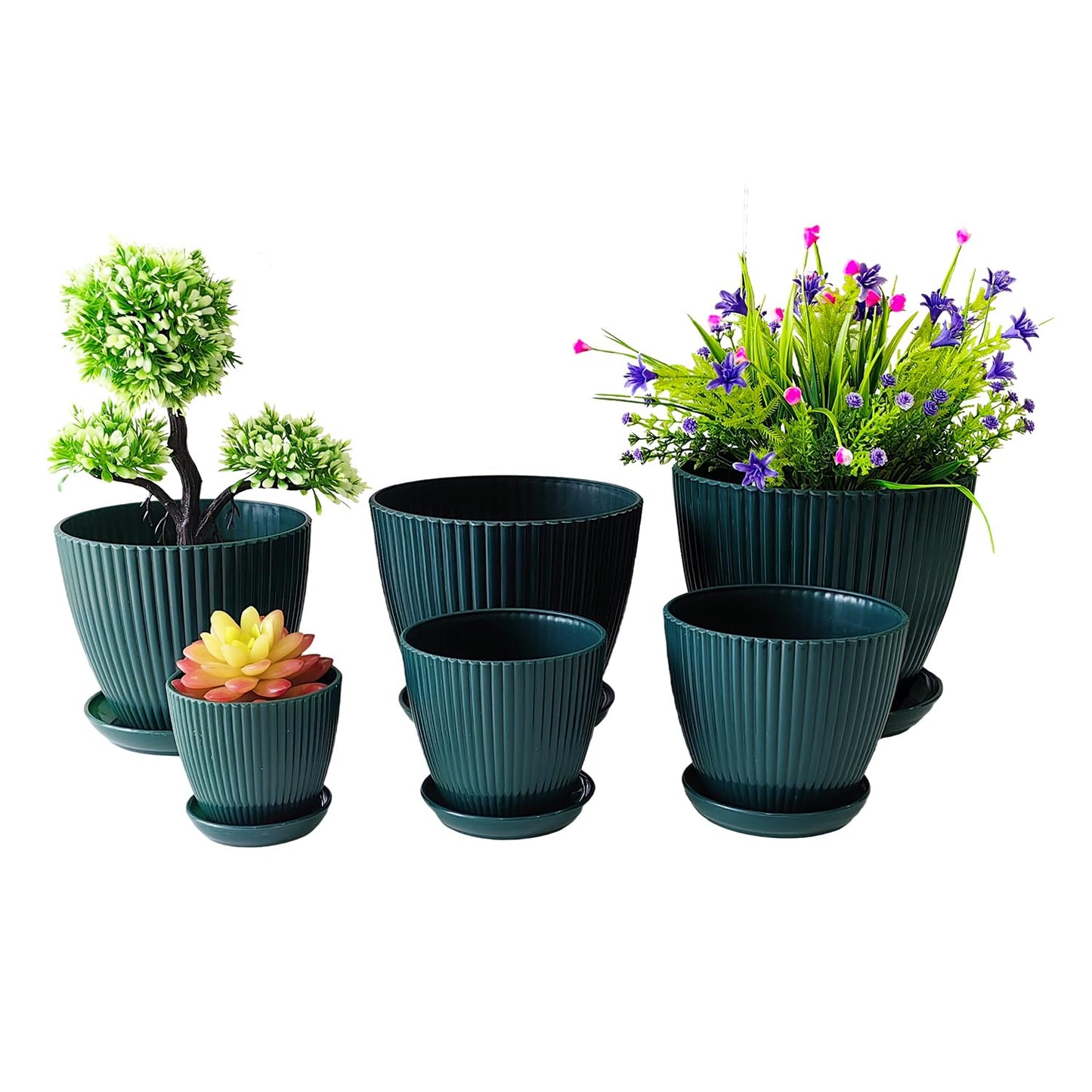 7.5/6.5/5.5/4.9/4.2/3.5 Inch Plant Pots with Saucers & Drain Holes - Indoor/Outdoor Flower Pots for Succulents, Herbs, Cactus - Modern Lightweight Durable Planter Set, Dark Green