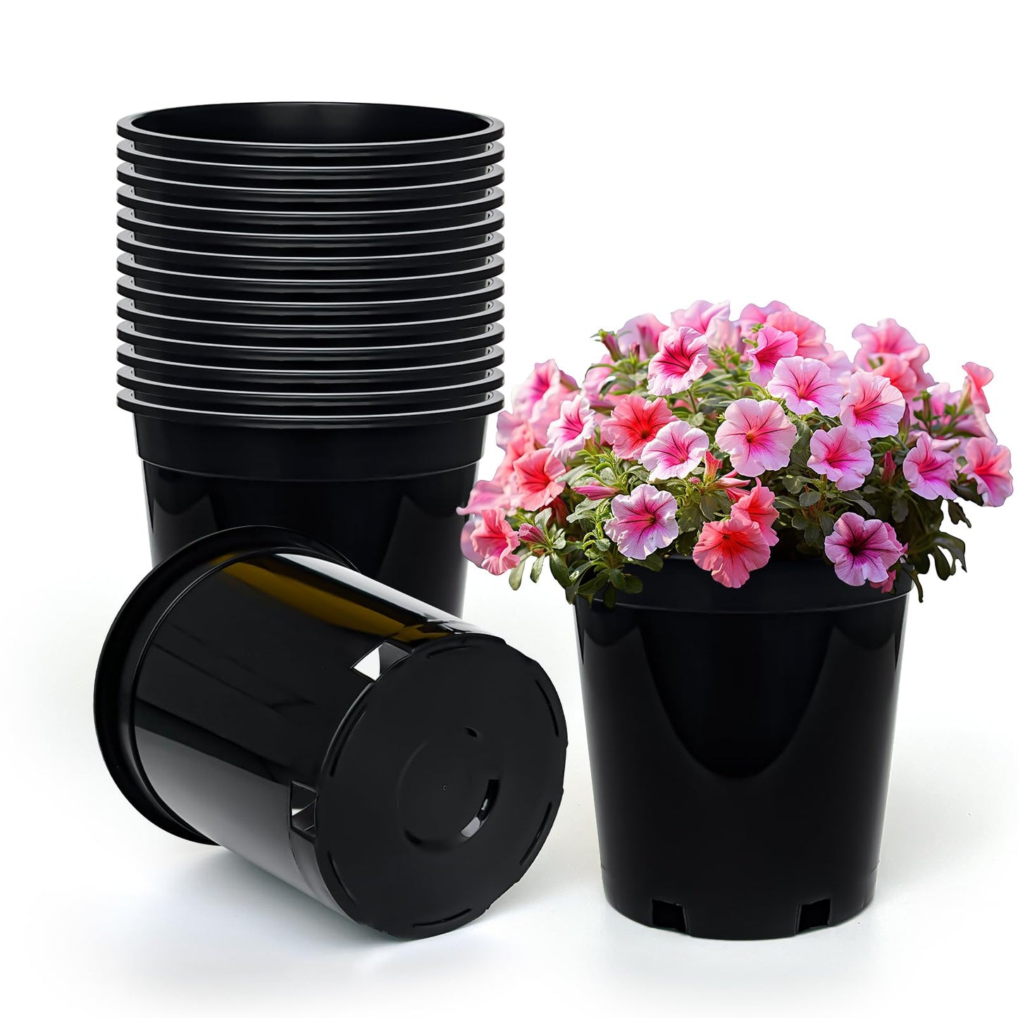 1.5 Gallon Plastic Nursery Pots, 7.5 Inch Round Plant Pots with Drainage Holes, 15 Pack Flower Pots for Outdoor Indoor Plants, Flowers, Gardening Gifts for Women, Black