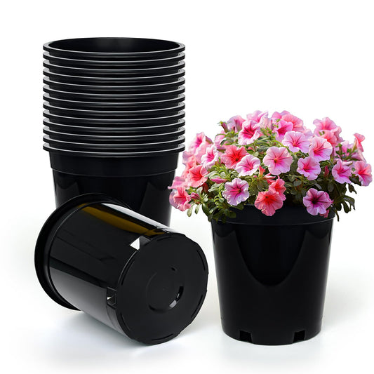 1.5 Gallon Plastic Nursery Pots, 7.5 Inch Round Plant Pots with Drainage Holes, 15 Pack Flower Pots for Outdoor Indoor Plants, Flowers, Gardening Gifts for Women, Black