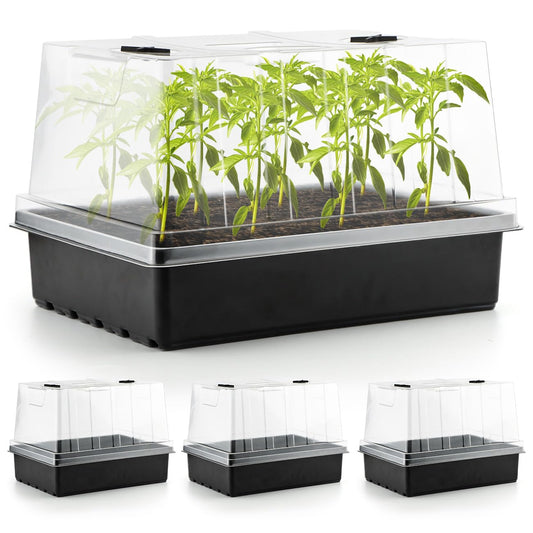 4-Pack Seed Starter Trays with 5'' Tall Humidity Domes – Reusable Plant Germination Kit for Microgreens, Herbs & Indoor Gardening | Clear Vented Lids, Fast Seedling Growth & Durable Design