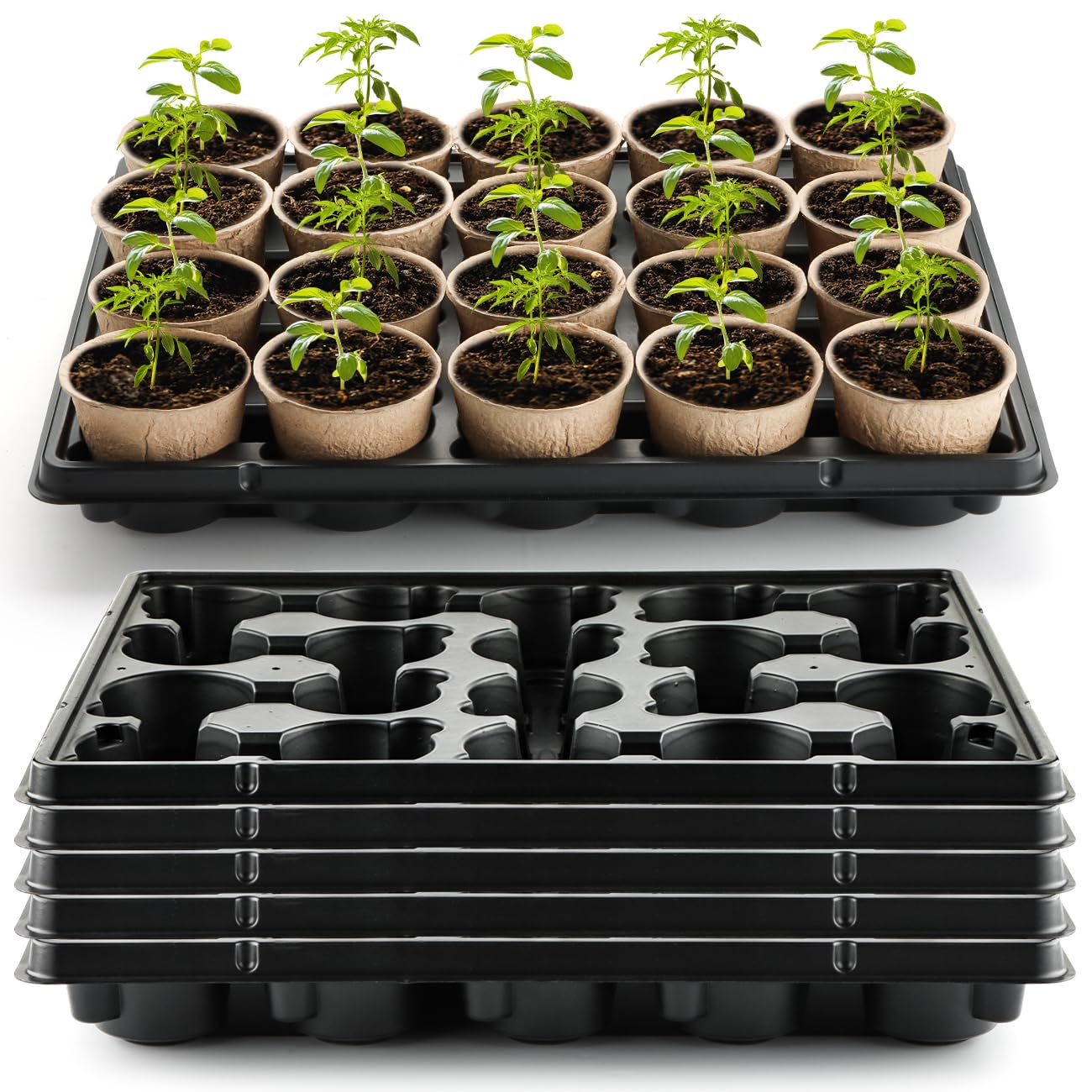 20 Cell Plant Trays for Carrying 3 inch Round Nursery Pots, Sturdy Plastic Trays Suitable for Holding 100 pcs Peat Pots (5 Packs)
