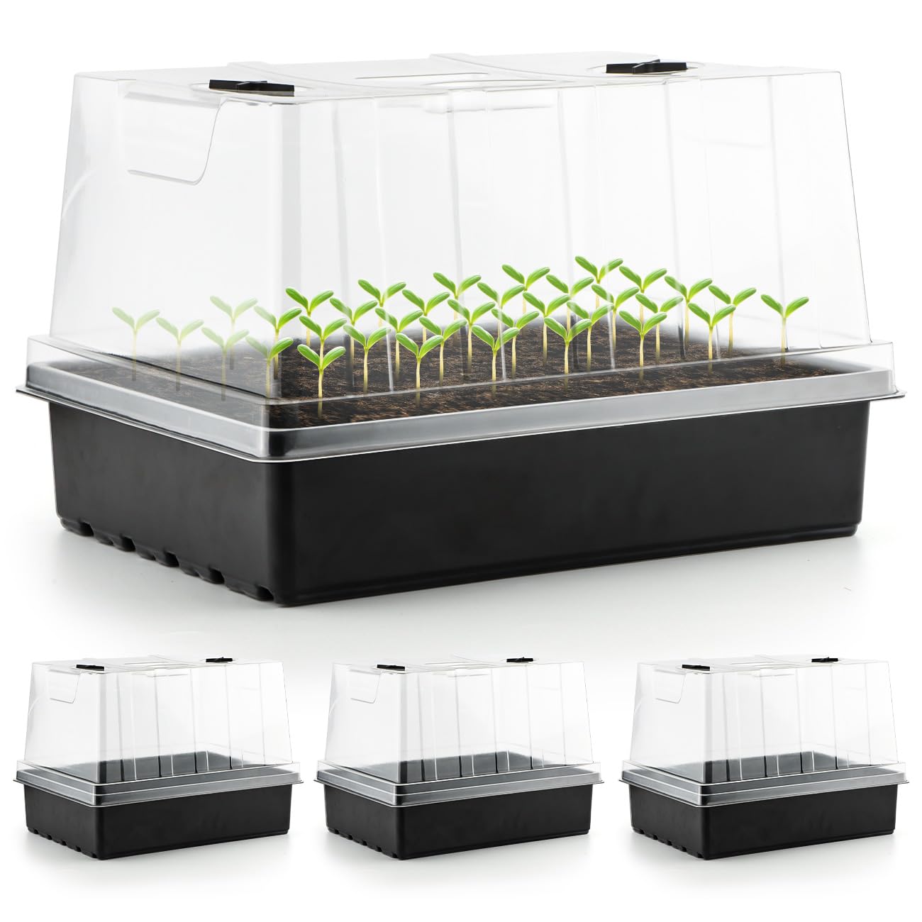 4-Pack Thick Plastic Seed Starter Trays – Durable Germination Kit with 5" Humidity Domes and Grow Light Random, Strong & Reusable for Herbs, Microgreens, Vegetables – Perfect for Home Gardeners