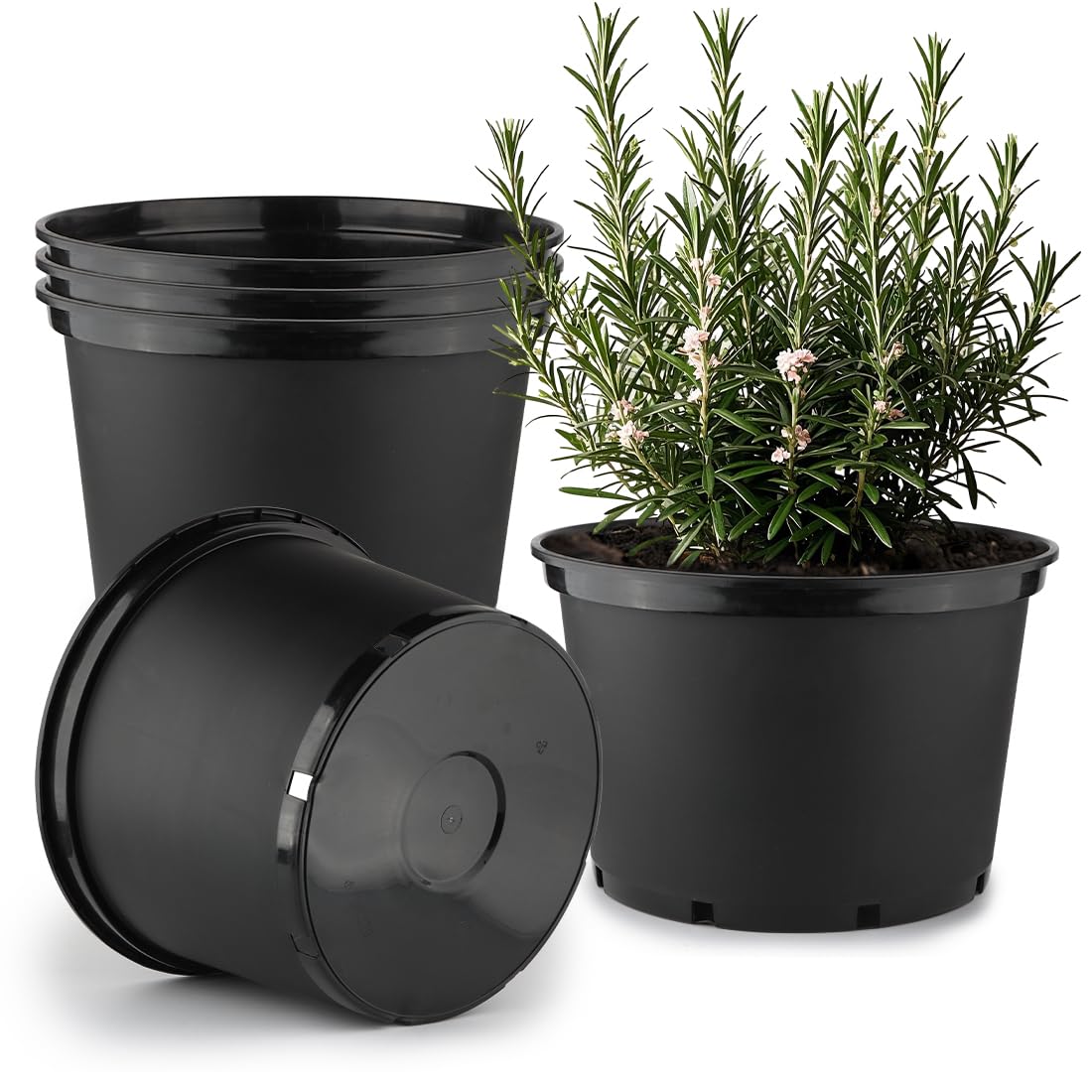 10 Gallon Plastic Nursery Pots, 16 Inch Round Plant Pots with Drainage Holes, 5 Pack Large Garden Flower Pots for Outdoor Indoor Plants, Gardening Gifts for Women, Black