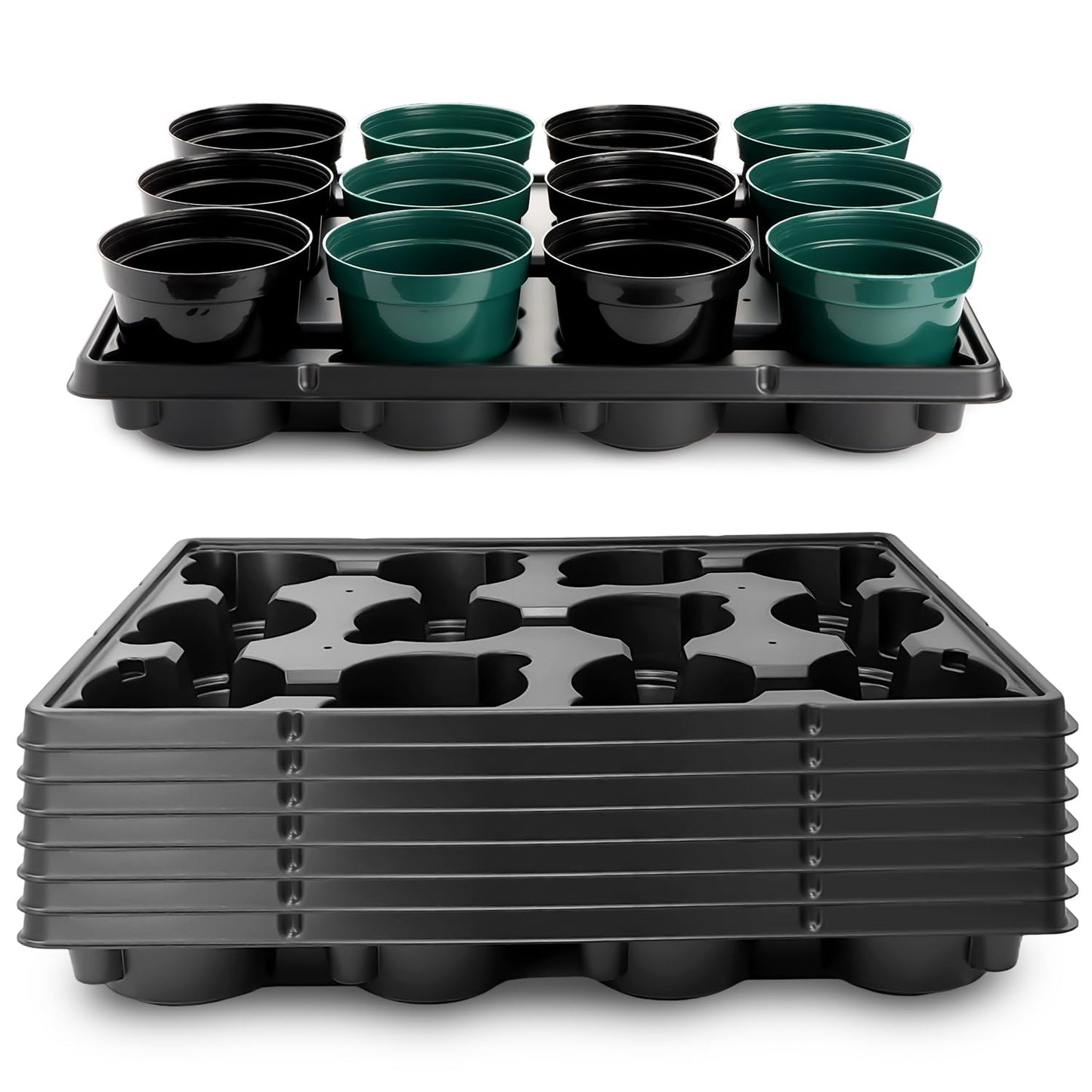 BTPLASTIK 12 Cell Round Nursery Pots Trays 8 Pack, Sturdy Carrying Trays for Holding 4 Inch Plant Pots, Thickened Plastic Seeding Planting Tray, Black