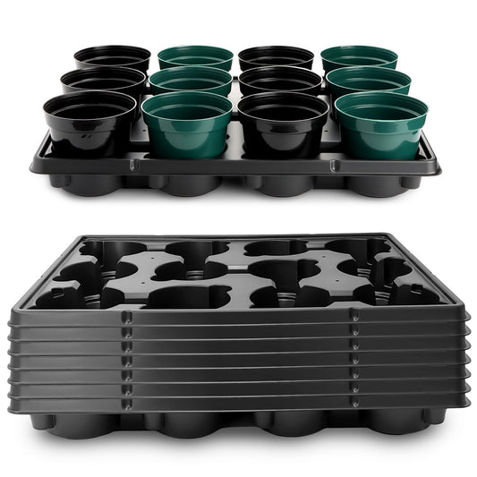 BTPLASTIK 12 Cell Round Nursery Pots Trays 8 Pack, Sturdy Carrying Trays for Holding 4 Inch Plant Pots, Thickened Plastic Seeding Planting Tray, Black