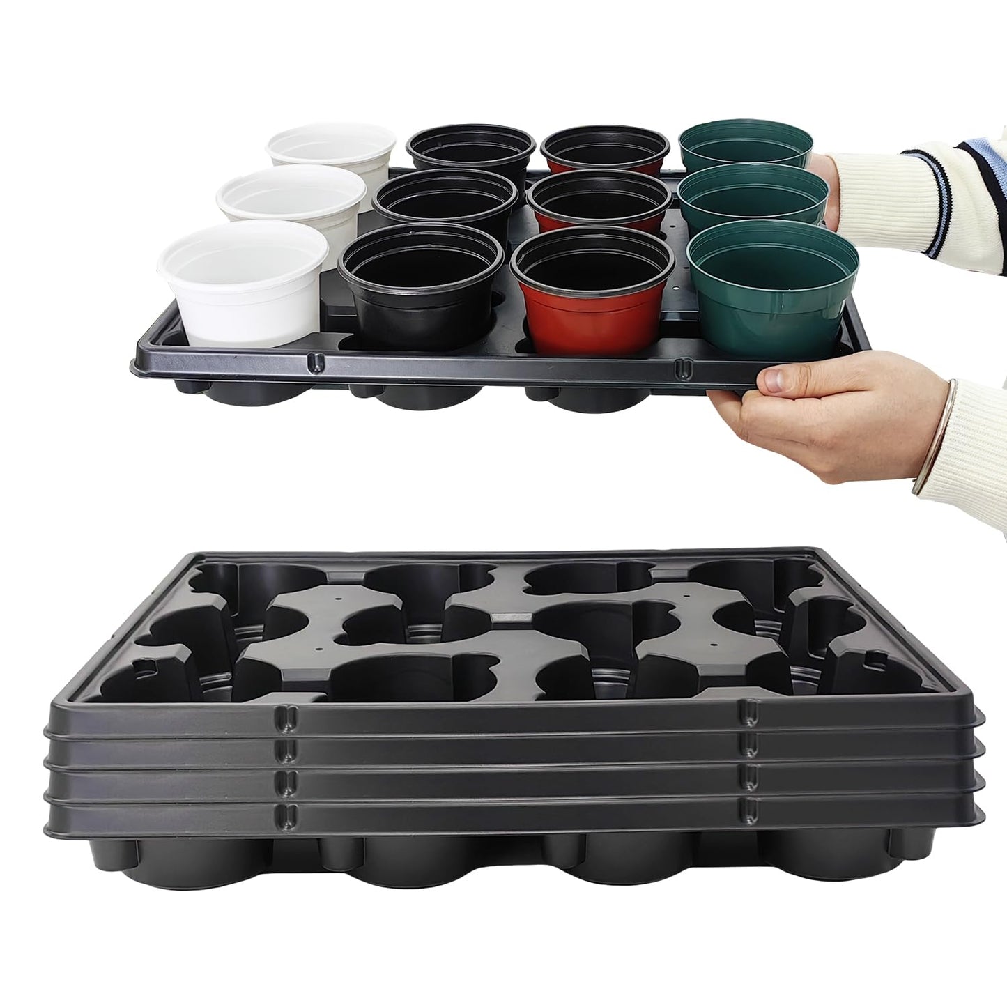 12 Cell Round Nursery Trays Thickened Durable Seedling Pots Shuttle Carrying Trays for Holding 4 inch Pots (16.85" 12.6", 5-Pack)