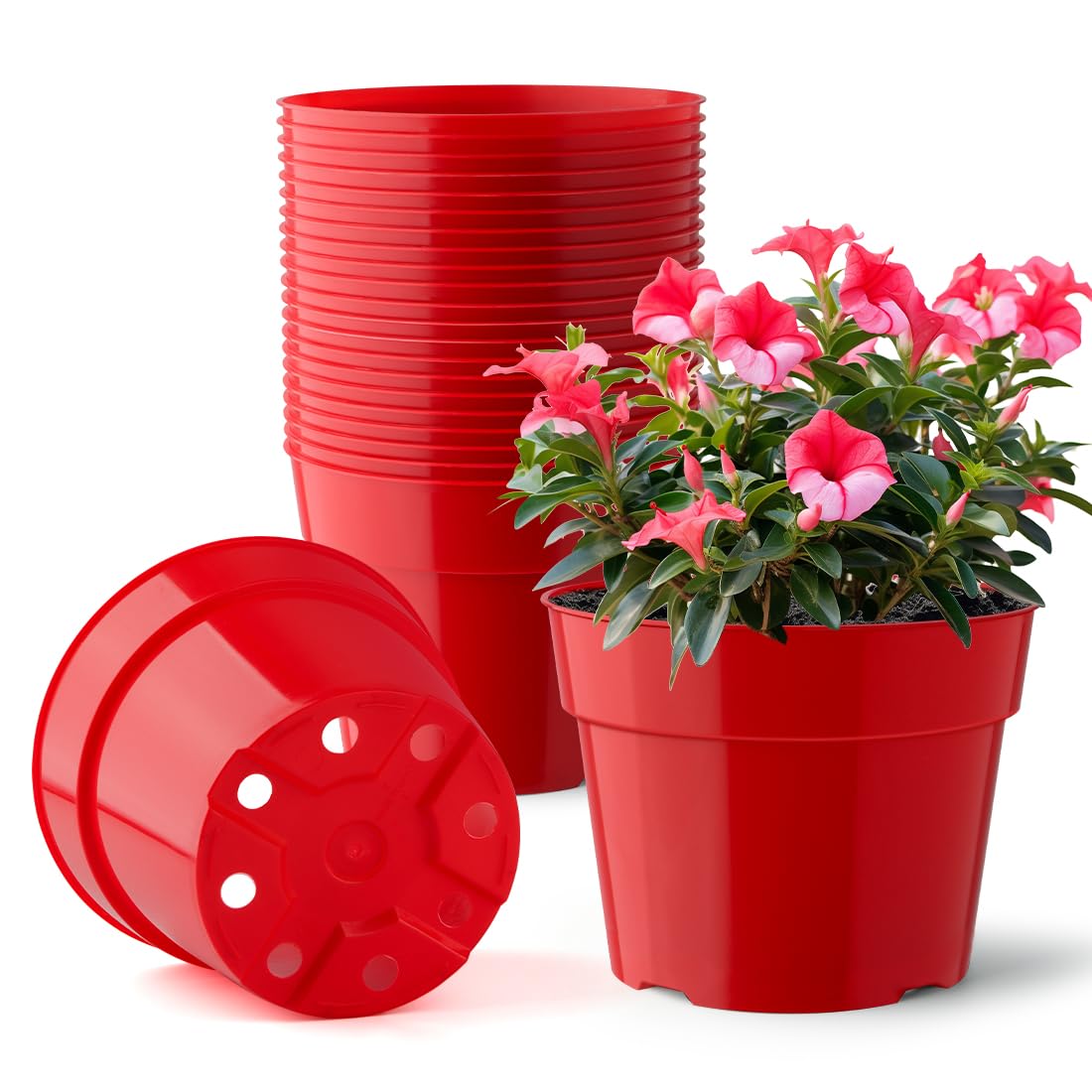 20 Pack 6 Inch Plant Pots, Thickened Plastic Flower Pots with 20 Pcs Water Collecting Trays, 20 Soil Block Mesh Pads, Red