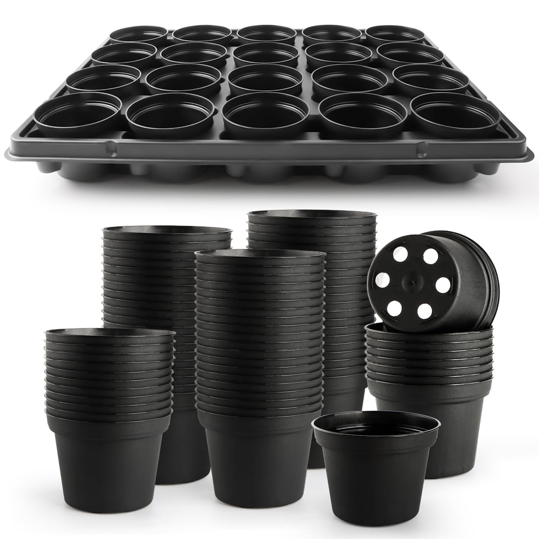 3 Inch Plastic Plant Pots 100 Pcs with 5 Pcs 20 Cell Seed Starter Trays, Thick Black Small Nursery Pots and Propagation Shuttle Trays for Seed Starting, Plant Propagation Starter Kit 5 Sets