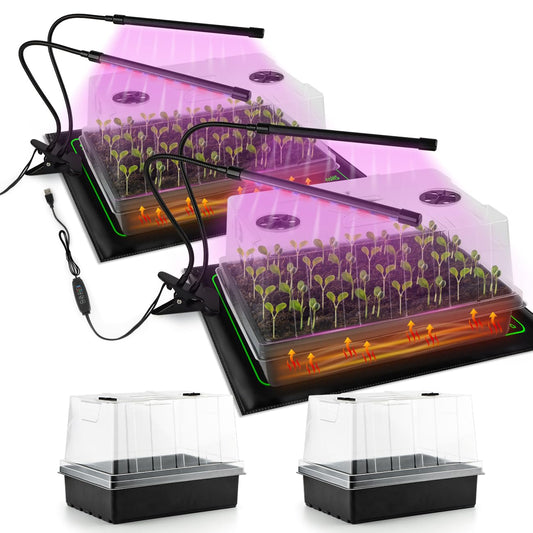 4-Pack Seed Starter Kit with Adjustable Grow Lights & 2 Heat Mats – 5'' Humidity Domes for Indoor Plants, Vegetables, Seedlings, Full Spectrum 20W, 4000K LED Light and Germination Tray with Vents