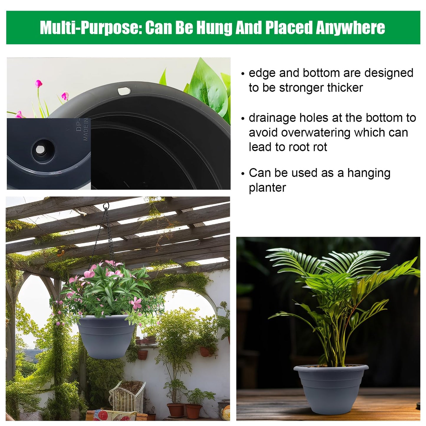 Plant Pots Set of 5, 10" Outside Diameter Flower Pots, 8.5" Inner Diameter Plant Planters with Drainage Hole, Durable Garden Pots Perfect for Indoor & Outdoor Plant Planting, Decor, Gray