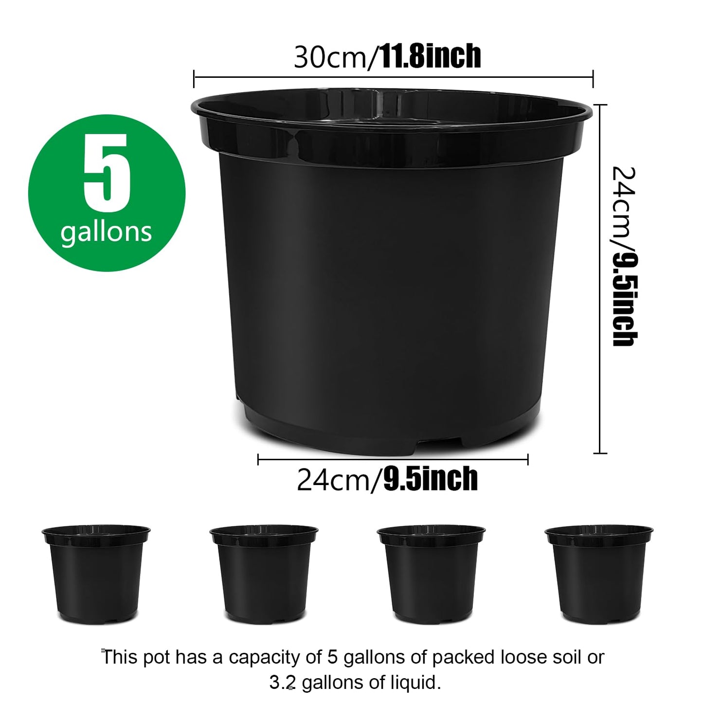5 Gallon 12 Inch Plastic Nursery Pots, Plant Containers with Drainage Holes, Round Sturdy Garden Planters for Indoor/Outdoor Greenery, Gardening Gifts for Women (5-Pack, Black)