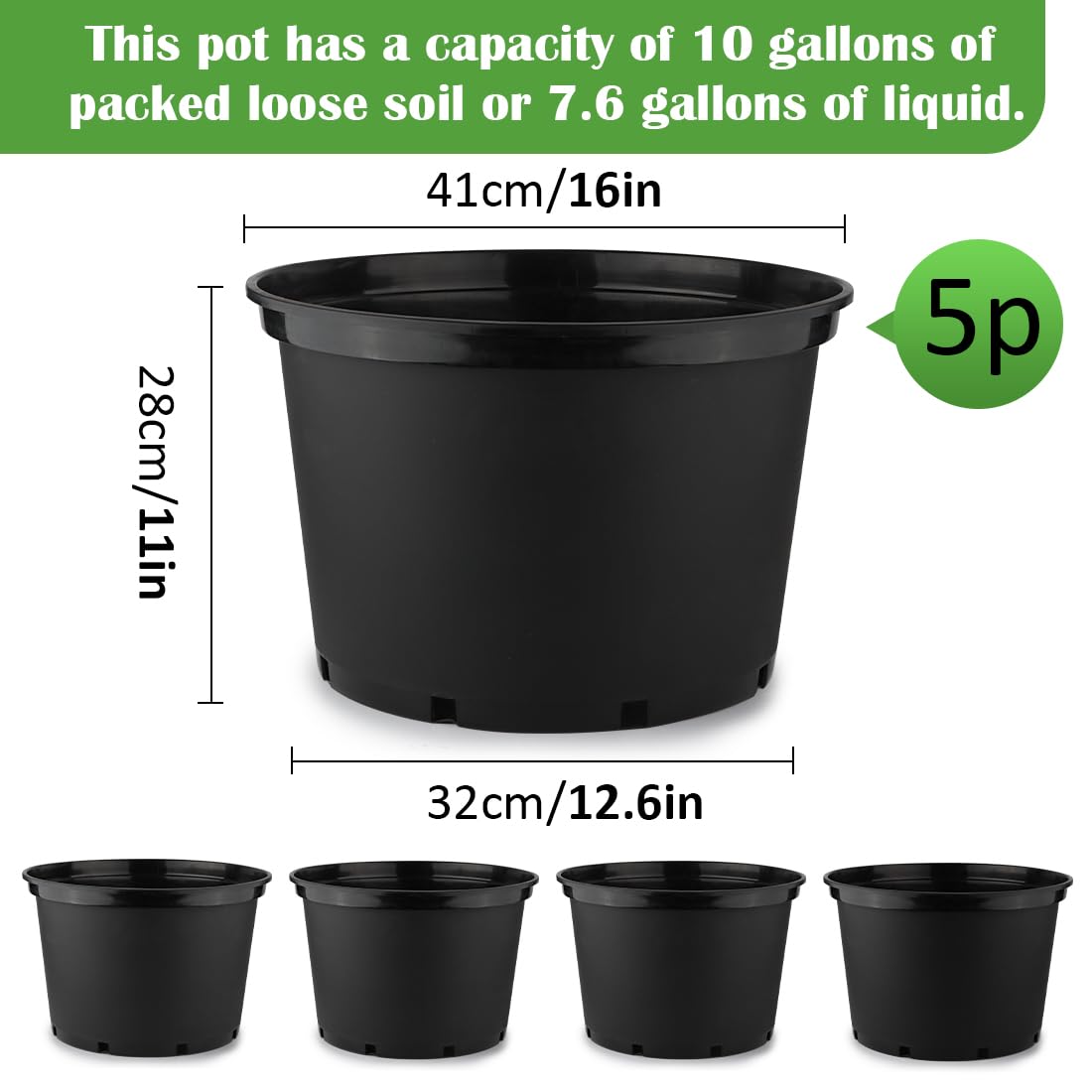 10 Gallon Plastic Nursery Pots, 16 Inch Round Plant Pots with Drainage Holes, 5 Pack Large Garden Flower Pots for Outdoor Indoor Plants, Gardening Gifts for Women, Black