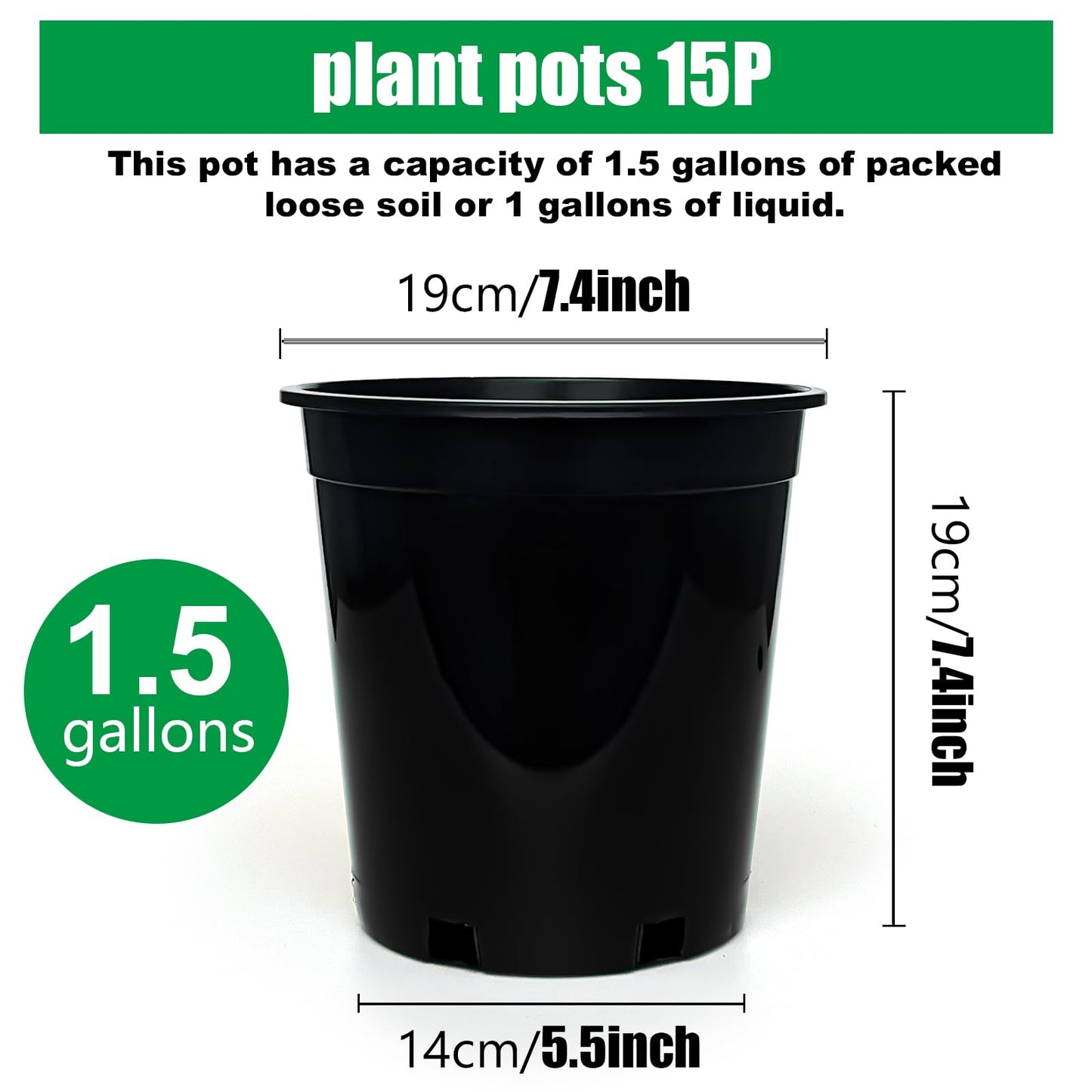 1.5 Gallon Plastic Nursery Pots, 7.5 Inch Round Plant Pots with Drainage Holes, 15 Pack Flower Pots for Outdoor Indoor Plants, Flowers, Gardening Gifts for Women, Black