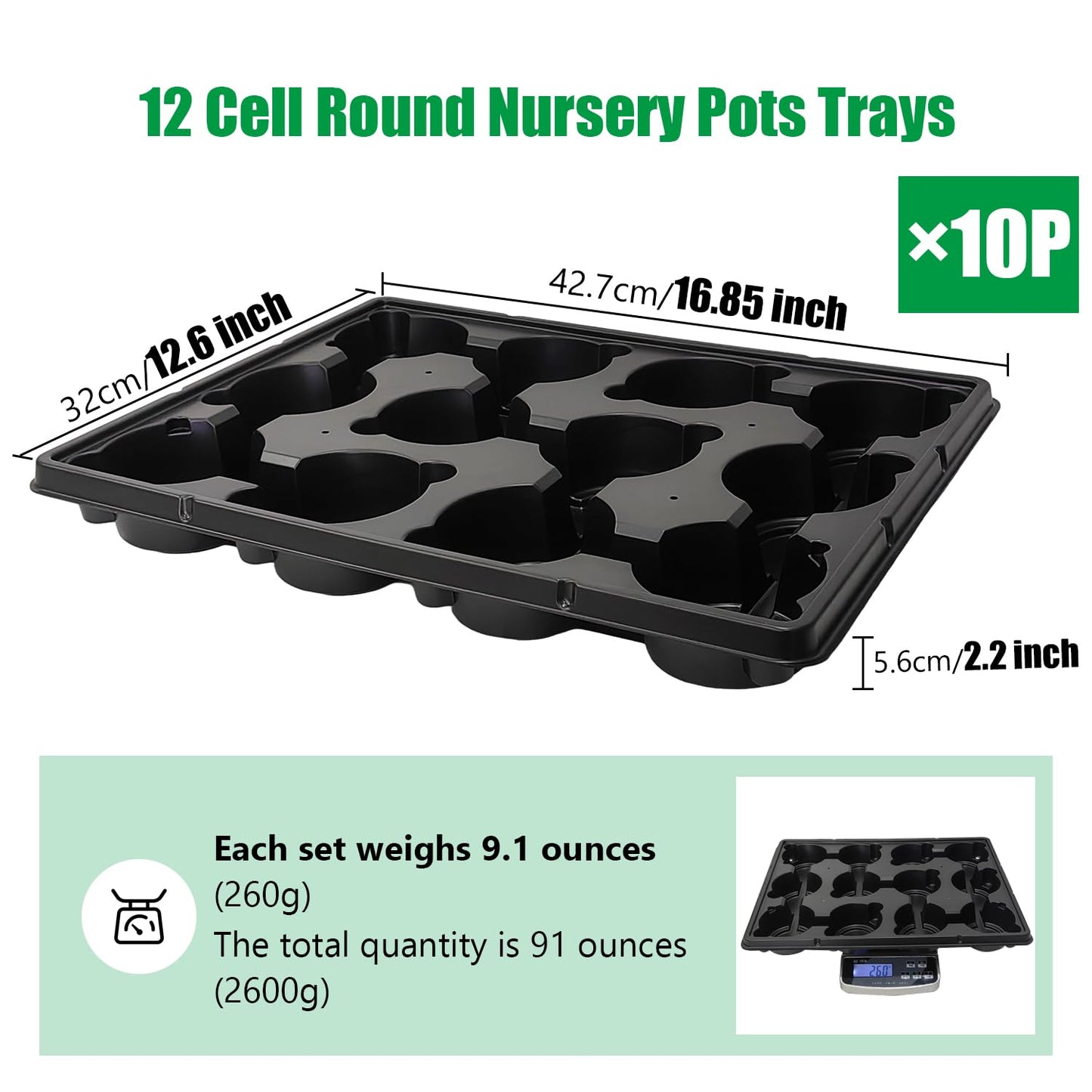 12 Cell Round Nursery Pots Trays Thickened Durable Seedling Pots Shuttle Carrying Trays for Holding 4 inch Nursery Pots (16.85" × 12.6", 10-Pack)