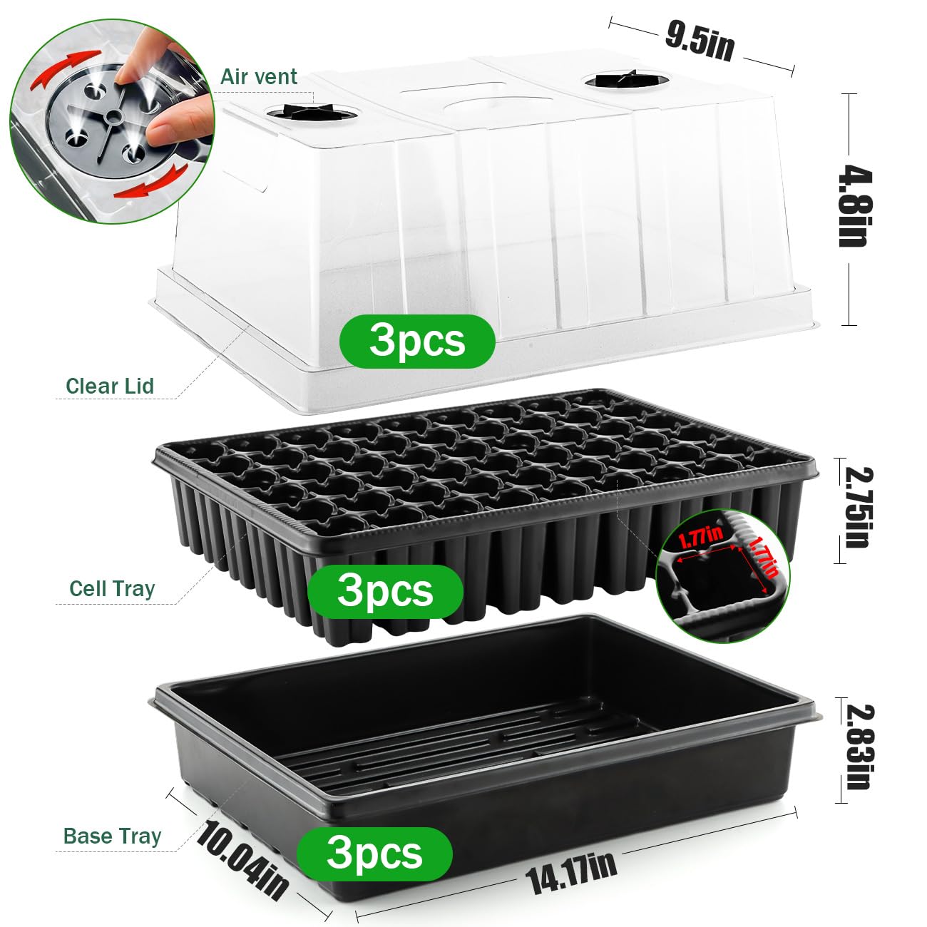 Heavy Duty Seed Starter Trays with 5'' Tall Humidity Domes & 2.75'' Deep Cells – 3-Pack (162 Cells Total) Reusable Plant Germination Kit, Durable Plastic Seedling Trays for Herbs, Vegetables