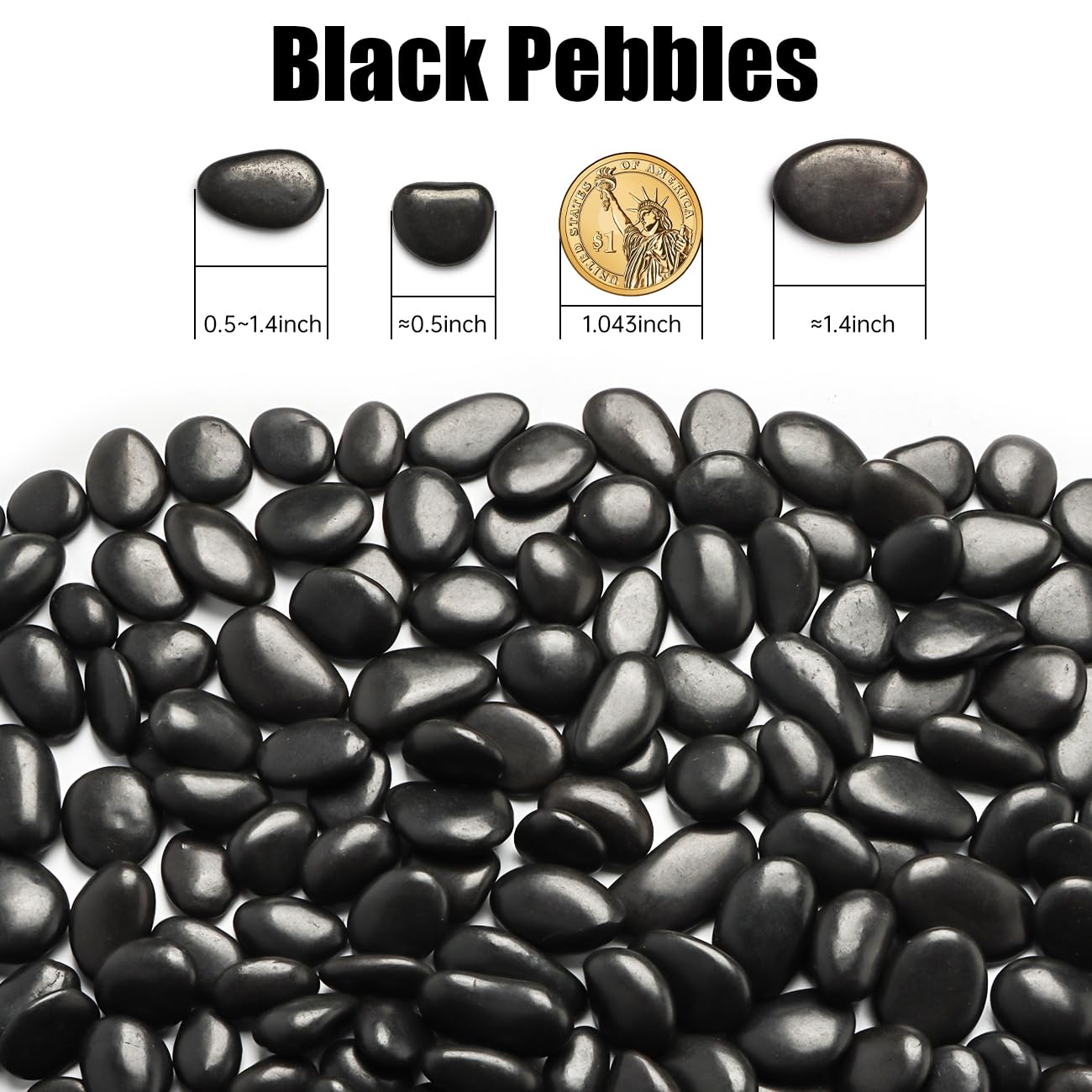 Pebbles for Indoor Plants 5 Lb, 0.5"-1.4" River Rocks High Polished Pebbels for Garden Landscaping, Decorative Stones Vase Filler, Fish Tank, Fountain, Succulents, Flower Bed, Black